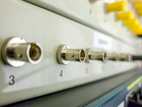 Fiber Optics with BNC connectors - Patch Panel. Internet Service Provider 스톡 사진
