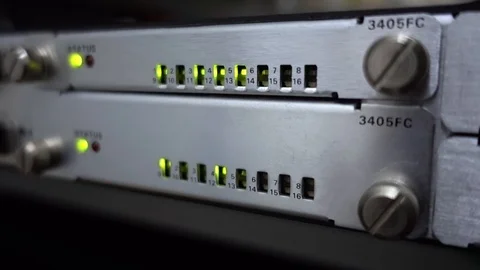 Fiber Telecommunication Optic Rack. Connected to switch in data center, close-up Stock Footage 117840251