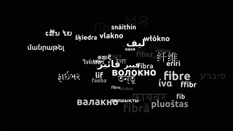 Fiber Translated in 64 Worldwide Languages Endless Looping 3d Zooming Wordclo Video stock 145200770