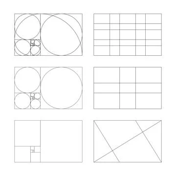 Fibonacci array, numbers. Set of harmony proportions layouts. Stock Illustration