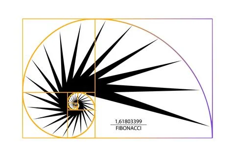 Fibonacci number sequence. Golden ratio. Geometric shapes spiral. Snail spiral Illustrazione stock