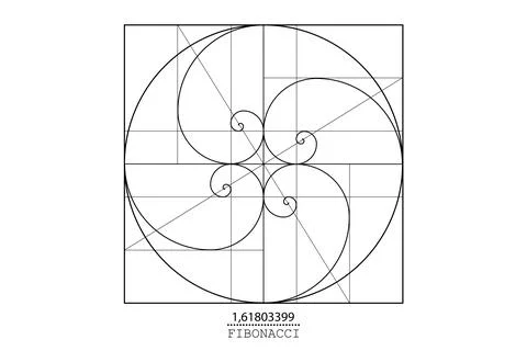 Fibonacci Sequence Spirals. Golden ratio. Geometric shapes spiral Illustrazione stock