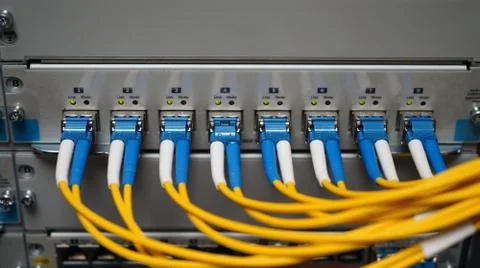 Fibre cables going in to a network switch Stock Photos