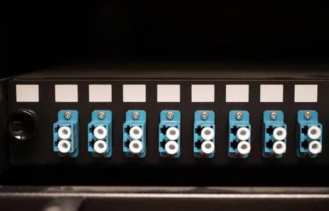 Fibre cables going in to a patch panel 스톡 사진