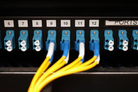 Fibre cables going in to a patch panel 스톡 사진