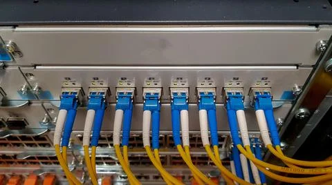 Fibre optic cables going in to a network switch Stock Photos