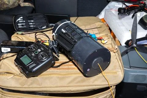 Fibre-optic FPV drones. Production and testing Stock Photos