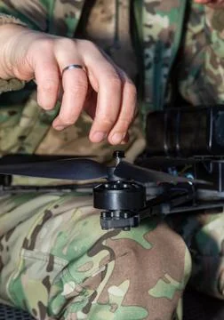 Fibre-optic FPV drones. Production and testing Stock Photos