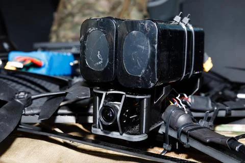 Fibre-optic FPV drones. Production and testing Stock Photos