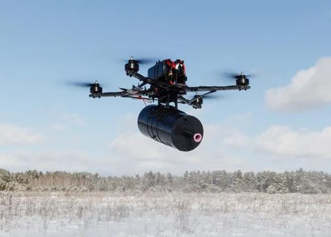 Fibre-optic FPV drones. Production and testing Stock Photos