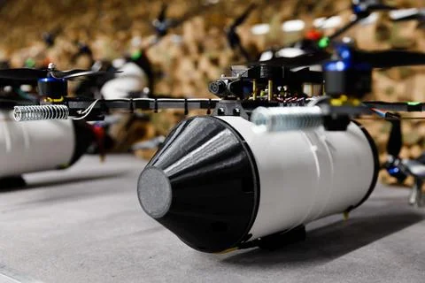 Fibre-optic FPV drones. Production and testing Stock Photos