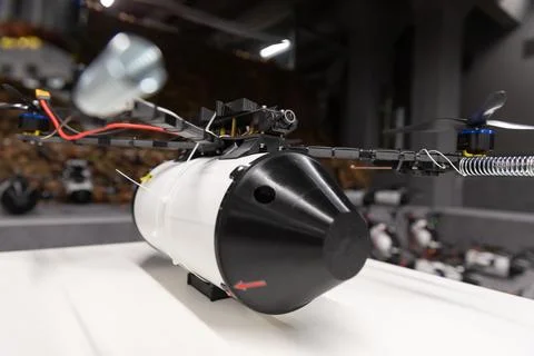 Fibre-optic FPV drones. Production and testing Stock Photos