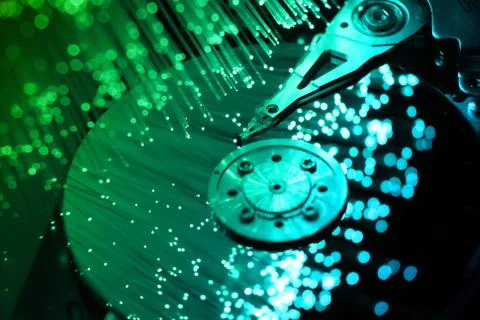 Fibre optical and computer harddisk Stock Photos