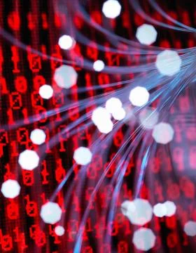 Fibre optics carrying data attacking a laptop computer which has a virus Foto stock