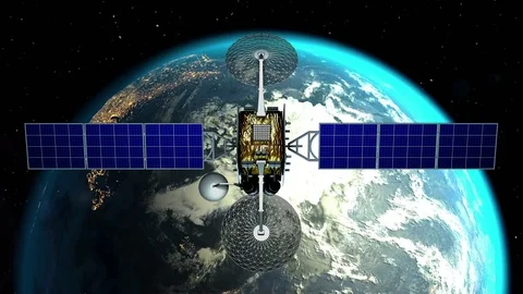 Fictional artificial satellite is approaching Earth with sunrise, 3d animation Stockbeeldmateriaal 85032403