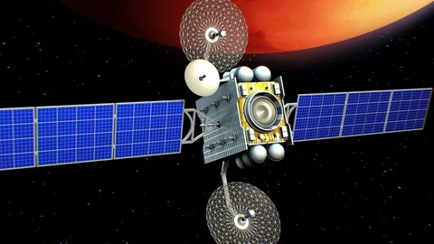 Fictional artificial satellite in Mars orbit, 3d animation Stockbeeldmateriaal 85031175