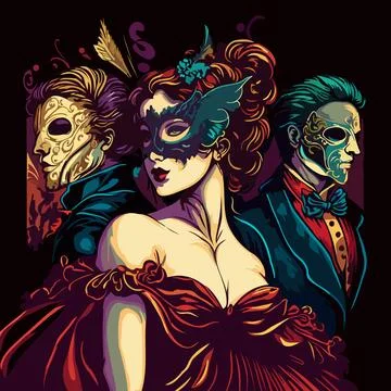 Fictional characters stylishly dressed up for a masquerade wearing ornate V.. Stock Illustration