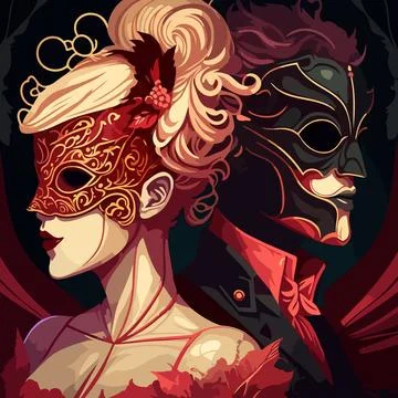 Fictional characters stylishly dressed up for a masquerade wearing ornate V.. Stock Illustration