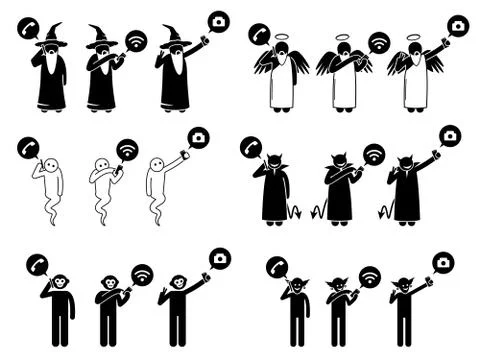 Fictional characters using phone or smartphone technology. Pictogram depict i Stock-Illustration
