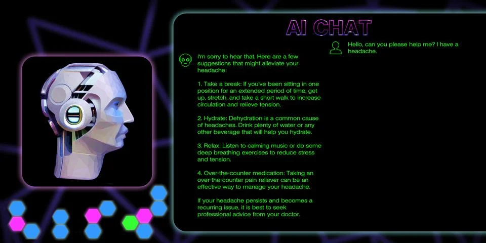 Fictional chat interface for conversations with chat AI. Robot made of polygons. Stock Illustration