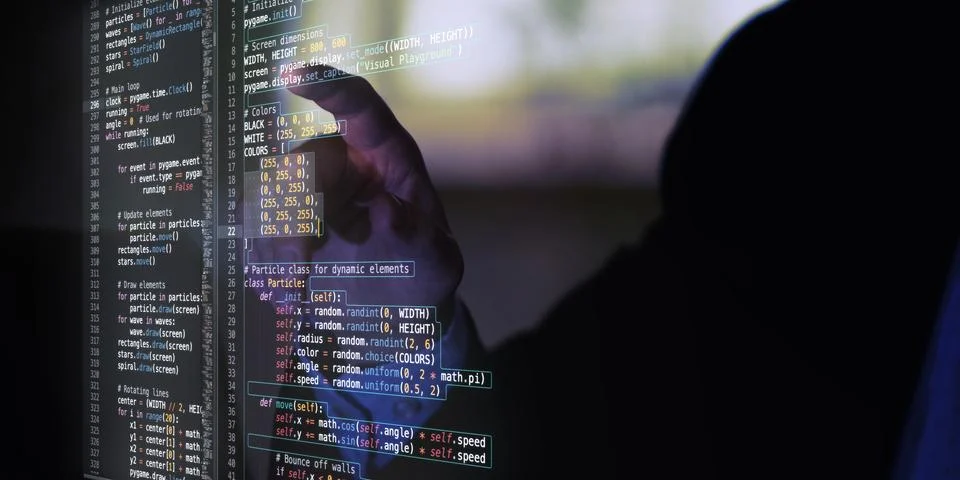 Fictional code displayed in virtual space with focus on simulation and problem 写真素材