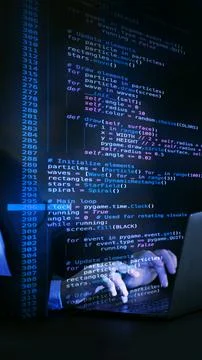 Fictional code overlay on desktop screen in virtual environment, illustrating 스톡 사진