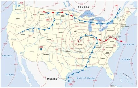 Fictional map of North America with isobars and weather fronts. Stock Illustration