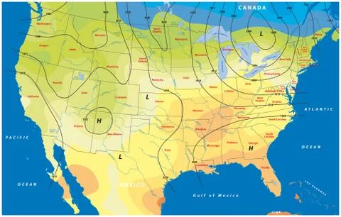 Fictional map of the usa temperature barometric pressure wind speed wind dire Stock Illustration