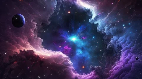 Fictional planet with colourful night sky, stars and nebula Stock Footage 267183496