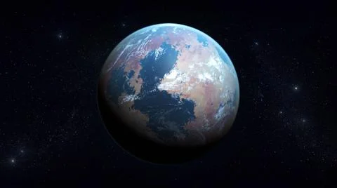 Fictional planet in space, super Earth with clouds, blue reflection on surface Stock Illustration