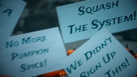Fictional Pumpkins protest on Halloween Stock Footage 292214572
