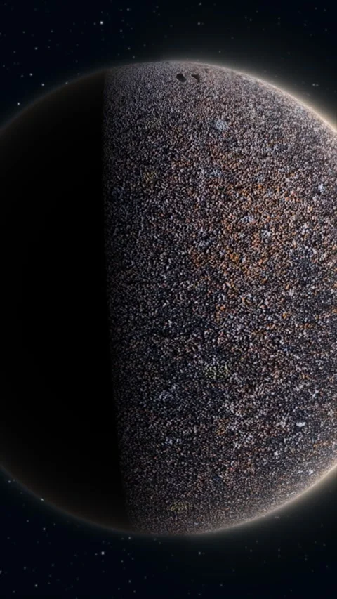 A fictional rocky planet with a rough gray surface and a shadowed hemispher.. Stock Footage 346024787