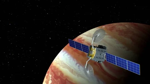 Fictional space satellite is approaching Jupiter, 3d animation Stock Footage 85018138