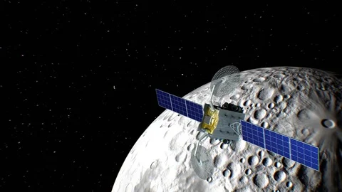 Fictional space satellite is approaching Moon, 3d animation Stock Footage 85018269
