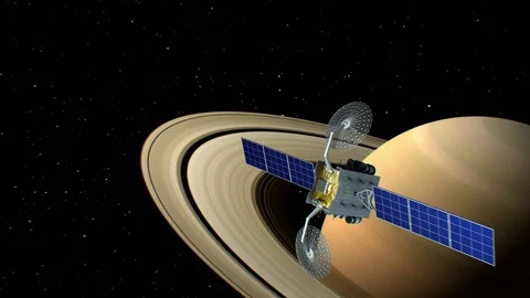 Fictional space satellite is approaching Saturn, 3d animation Stock Footage 85018360