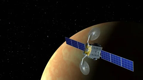 Fictional space satellite is approaching Venus, 3d animation Stock Footage 85018527