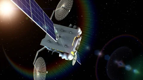Fictional space satellite flies into space, 3d animation Stock Footage 85018414