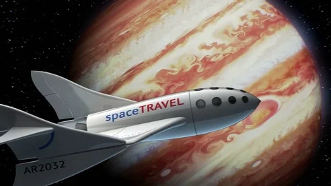 Fictional spaceplane on orbit of Jupiter, concept of spaceship for space tourism Stock Footage 85068309