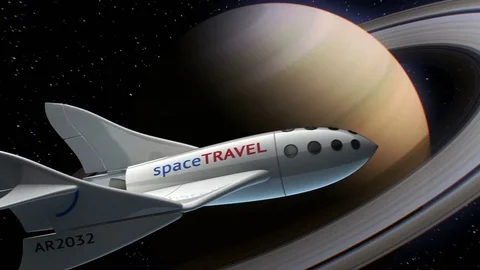 Fictional spaceplane on orbit of Saturn, concept of spaceship for space tourism Stock Footage 85068512