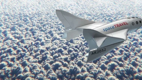 Fictional spaceplane over the clouds, concept of spaceship for space tourism, 3d Stockbeeldmateriaal 85068225