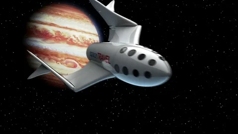 Fictional spaceplane returns from travel to Jupiter. Spaceship for space tourism Stockbeeldmateriaal 85066595
