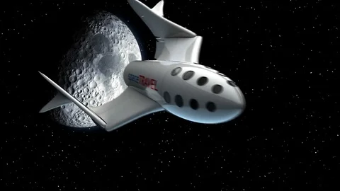 Fictional spaceplane returns from travel to Moon. Spaceship for space tourism. Stock Footage 85066657