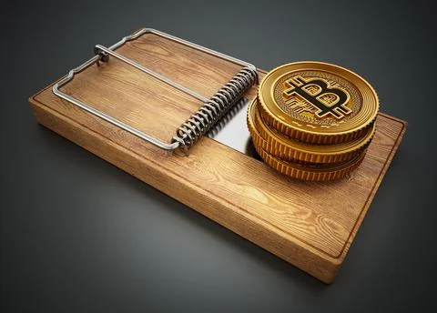 Fictitious crypto coin standing on mouse trap. 3D illustration Stock Illustration