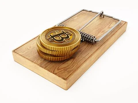 Fictitious crypto coin standing on mouse trap. 3D illustration Stock Illustration