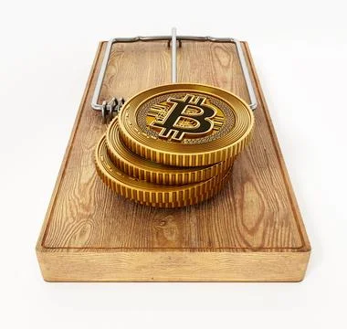 Fictitious crypto coin standing on mouse trap. 3D illustration Stock Illustration