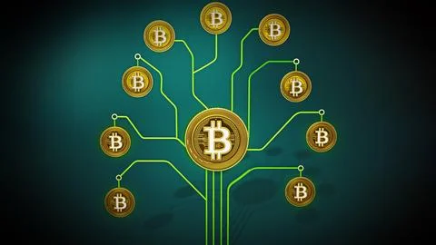 Fictitious crypto coins hanging on PCB tree branchs. 3D illustration Stock Illustration