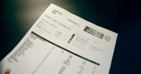 Fictitious document covid-19 negative analysis report with blood test tube Stock Footage 127590527