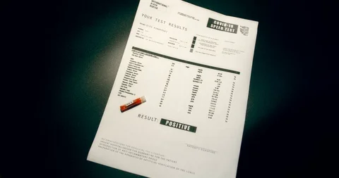 Fictitious document covid-19 positive analysis report with blood test tube Stock Footage 127591020