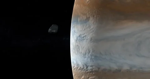 Fictitious recreation of Metis moon orbiting near of the surface of Jupiter Stock Footage 319475644