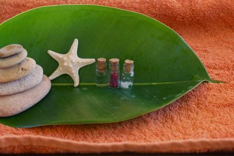 Ficus leaf with jars for spa procedures and a starfish Stock Photos